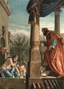 O Rei David e Bethsabee, sua futura esposa no banho, em "El Culto de la Hermosura" de Juan Justo Huguet, Molinas Hermanos editores de Unknown artist