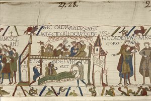 Rei Eduardo o Confessor no seu leito de morte, Tapeçaria Bayeux (bordado de lã em linho) de Unknown artist
