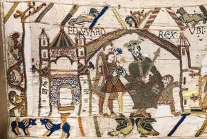 O Rei Eduardo o Confessor envia Harold para a Normandia, Tapeçaria Bayeux (bordado de lã em linho) de Unknown artist
