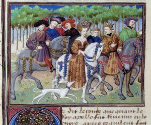 Rei e Rainha indo à caça (Filipe VI de Valois e Blanche de Navarra (?)) Miniatura de Le livre de la chasse" de Gaston III Phoebus, Conde de Foix, Senhor de Bearn (1331-1391) de Unknown artist