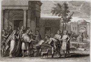 Bíblia do Reino, Velho Testamento: Abimeleque castigado por Deus. Abimeleque (Abimelec ou Aimeleque ou Aimeleque), Rei de Gerar, tendo tomado à força Sara (Sara), esposa de Abraão, mas que ele acreditava ser apenas sua irmã, é iludido por Deus, e a devolve de Unknown artist