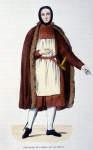 Cavaleiro da Ordem de Calatrava. Um grupo de religiosos e cavaleiros defendeu a cidade de Calatrava na Espanha contra os castelhanos em 1145 e 1158. A ordem foi anexada à Coroa da Espanha em 1523, com o rei como grande mestre. Gravura do 19º ce de Unknown artist