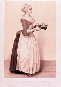 La Chocolatiere de Vienne: jovem empregada segurando uma bandeja com uma xícara de chocolate quente. Litografia da Colecção Privada do século XIX de Unknown artist