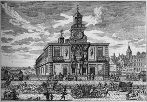 La Samaritaine, bomba de água localizada na ponte Gravura Neuf do século XVII. Gravura em "La Nature". Revue des sciences et de ses applications aux arts et a l