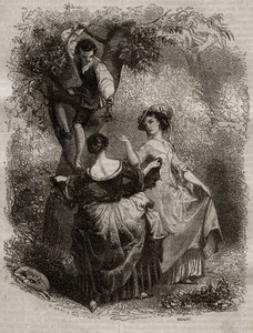 La cueillette des cherries - Ilustração para as confissões" de Jean-Jacques (Jean Jacques) Rousseau (1712-1778) - gravura de 1849 de Unknown artist