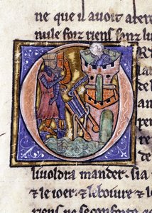 Lancelot no topo de uma torre. Manuscrito: Conquista do Saint Gréal, escrito 717 anos após a paixão do nosso senhor. Bibliotheque municipale de Rennes, ms. 255 (Coleção de romances da Távola Redonda); Paris de Unknown artist