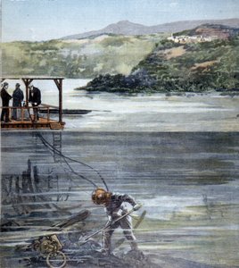 O mergulhador Paolo Pardi trabalhando nos navios romanos no lago de Nemi com o traje de mergulho Siebe em 1893. de Unknown artist