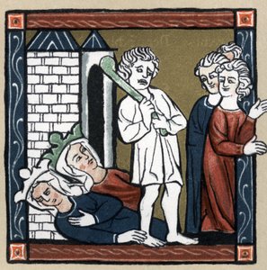 Lenda Arthurienne: Lancelot du lac delivre Rainha Guenievre e sua amiga do castelo que desmaiam e os habitantes fogem. Em "Geschichte der Franzosischen Literatur", de Hermann Suchier de Unknown artist
