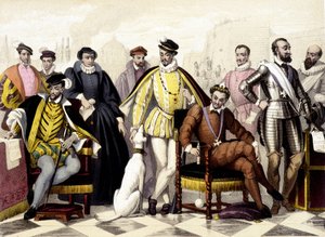 Les Valois - De 1547 a 1589. Henrique II, Catarina de Médici (Caterina de Medici), Carlos IX, Henrique III, Henrique IV. Gravura do século XIX. de Unknown artist