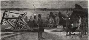 Les egouts de Paris: um "barco de descarga" utilizado para a limpeza do esgoto colector - Gravura do "Le Monde Illustré". de Unknown artist