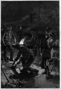 Os operários colocam o asfalto à volta do teatro francês (Teatro-Francais ou Comedie-Francaise) nas ruas de Paris e executam os trabalhos do estaleiro durante a noite. Gravação em "Le Monde Illustre de Unknown artist