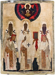 Les trois saints eveques de Rostov: Isaie (mort en 1090), Leonce (mort en 1077), Ignace (mort en 1288) - Ícone russo : Os três santos bispos de Rostov: Isaías, Leontius e Inácio. Tempera em painel, Fim do 15º cen., Museu Estadual a céu aberto Rostov Kremli de Unknown artist