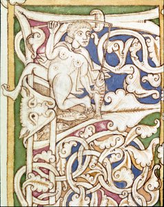 Lettrine P decorou a representação de uma mulher pescando um peixe. Miniatura de uma Bíblia (antigo testamento) (Ms 3088) Século XII Coimbra, Biblioteca da Universidade de Unknown artist