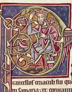 Lettrina P decoração da representação do rei da terra de Moab Miniatura de uma Bíblia (Ms 3088) Século XII Coimbra, biblioteca da Universidade de Unknown artist