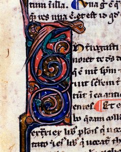 Lettrine decoree de um monstro gótico lembrando as gárgulas Detalhe do manuscrito do século XIV. de Unknown artist