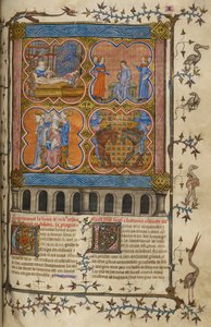 A vida de Júlio César: quatro miniaturas mostrando o seu nascimento, divórcio, pontificado e luta com Pompeu; texto com iniciais decoradas e borda com pássaros e grotescos. de Unknown artist