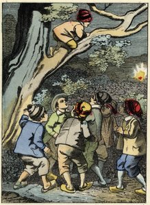 O pequeno Poucet sobe a uma árvore e procura o seu caminho. Ele está pegando uma luz na floresta. Ilustração do conto de Charles Perrault, "Le Pepetit Poucet". de Unknown artist