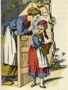 A mãe do Capuchinho Vermelho dá as suas recomendações finais para ir a casa da avó. Ilustração do conto "O Capuchinho Vermelho", de Charles Perrault de Unknown artist