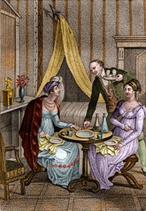 Um jantarzinho. Olympe de Gouges (1748-1793), mulher francesa de letras e revolucionária com Celine uma de suas amigas. em "Conseils a ma fille" de Jean Nicolas Bouilly (1763-1842). 1820. Coleção particular. de Unknown artist