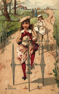 Menininhas fazendo triciclos. Cromolitografia por volta de 1890. de Unknown artist