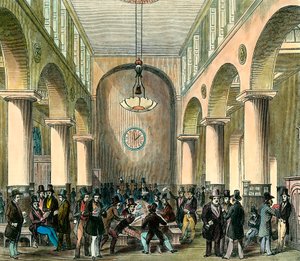 Bolsa de Valores de Londres: Bolsa de Valores de Londres no século XIX. Gravura. Coleção privada. de Unknown artist
