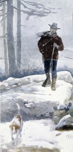 Caçador solitário com cão em uma paisagem nevada, final do século XIX de Unknown artist