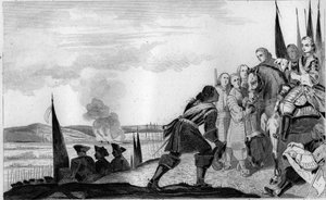 Luís XV (1710-74) na Batalha de Fontenoi em 1745 - Guerra de Sucessão da Áustria (1740-1748) - Maurice da Saxônia, marechal da Saxônia (1696-1750), vitorioso da Batalha de Fontenoy, encontra o Rei da França, Luís XV (1710-1774) - Gravura de 1825 em "Olá de Unknown artist