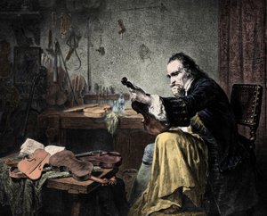 Luthier Stradivarius (Antonio Stradivari) (1644-1737) em sua oficina. Gravura de Hammann.Violin Designer Antonio Stradivari (Stradivarius) no Trabalho. de Unknown artist