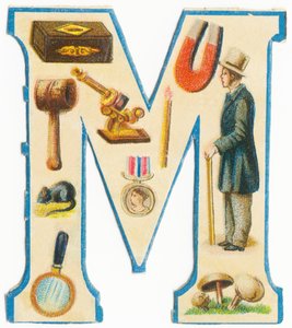 M: fósforos, ímã, macete, microscópio, mouse, medalha, homem, lupa, cogumelos (litografia de cor) de Unknown artist
