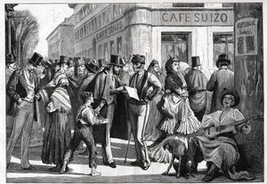 Madrid, em 1873. Caminhantes na esquina da Rua Sevilha com a Rua Alcalá. Gravura a partir de 1873. de Unknown artist