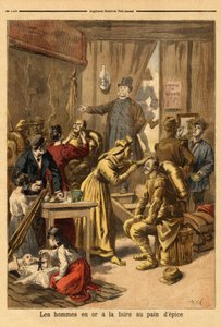 Composição de atores de uma pintura viva "homens em ouro" para a feira de gengibre. Gravura em "Le petit journal" 16/04/1894. Coleção da Selva. de Unknown artist