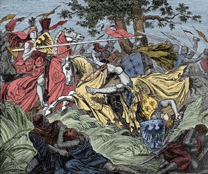 Manfred Morto em Batalha - Batalha dos Beneméritos (26 de Fevereiro de 1266): a morte de Manfred I (de Hohenstaufen de Unknown artist