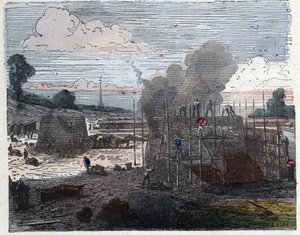 Fabricação de um tijolo no século XIX: cozinha. Os tijolos são colocados em camadas e depois cobertos com terra antes de atear fogo. Gravura no final do século XIX. de Unknown artist