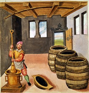 Fabricação de pó preto - em "Manuale di pirotechnia, armeria e fortificazioni" do século XVI. de Unknown artist