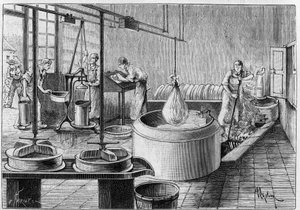 Fabricação de gruyere: uma moderna fábrica de queijo. Gravura em "La Nature: Revue des sciences et de leurs applications aux arts et a l