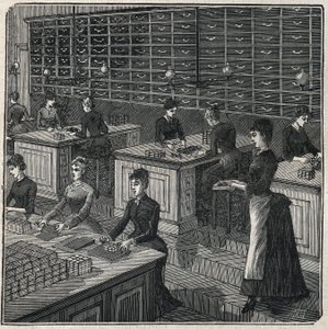 Fabrico de penas metálicas: selecção e embalagem de penas numa fábrica em França, no século XIX. Gravura a partir de 1885 em "Les arts et metiers illustres" de Adolphe BITARD. de Unknown artist