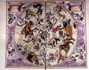 Mapa do céu e signos do zodíaco - fac-símile de uma composição antiga representando as constelações do céu do norte, segundo a "Harmonia Macrocosmica" de André Cellarius de Unknown artist