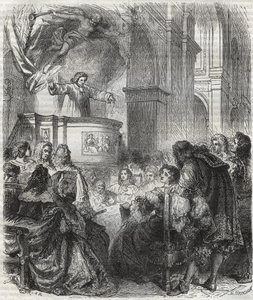 Marie de Rabutin-Chantal (Rabutin Chantal), Marquesa de Sevigne conhecida como Madame de Sevigne (1626-1696), escute Louis Bourdaloue (1632-1704) Francês na igreja de jesuítas, Saint-Louis em Paris - gravura de 1866 de Unknown artist