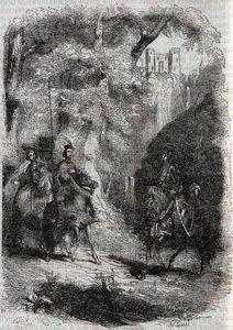 Marphise (Marfisa) e a mulher velha conhecem Pinabel (Pinabello) - gravura de 1851 de "Furious Roland" (Orlando furioso) (século XVI) de Ludovico Ariosto, conhecido como Ariosta - Edição traduzida do italiano pelo Conde de Tressan e publicada por de Unknown artist