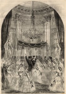 Casamento do Barão Alphonse de Rothschild (1827-1905) e Leonora de Rotschild (1837-1911). A Maria aprendeu a jogar uma bebida no chão, a última etapa de um casamento judeu chamado de "copo partido". Gravura no "The Illustrated London News" de Março de Unknown artist