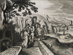 Casamento de Isaac e Rebecca. Gravura de uma Bíblia do século XVII. de Unknown artist