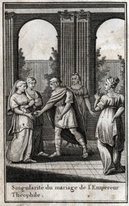 Casamento do imperador teófilo bizantino (813-842): tendo unido as mulheres mais belas do reino para encontrar uma esposa, escolheu Theodora e ofereceu-lhe uma maçã de ouro. Gravura em "Beaute de l
