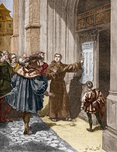 Martin Luther (1483-1546) pendurando suas 95 teses em Wittenberg