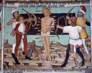 Martírio de São Sebastião, vida de São Sebastião (século XV), afrescos, Capela de São Sebastião, Villard-de-Lans, Rhone-Alpes, França. de Unknown artist