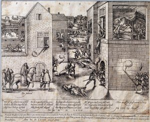 Massacre de Saint Barthelemy (São Bartolomeu) em Paris, na noite de 24 de Agosto de 1572. Gravura do século XVI. Pau, Musee Du Chateau de Unknown artist