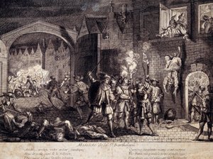 Massacre de Saint Barthelemy (São Bartolomeu) em Paris, na noite de 24 de Agosto de 1572. Gravura do século XVI. Pau, Musee Du Chateau de Unknown artist