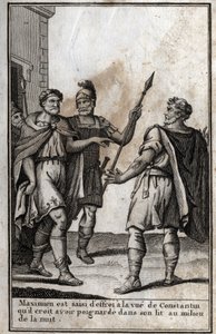 Maximian Hércules (Marcus Aurelius Valerius Maximianus) (cerca de 250-310), imperador romano, é tomado de medo ao ver Constantino (Constantino I, Flauius Valerius Aurelius Constantino, 272-306), seu genro, que ele pensa ter esfaqueado na cama i de Unknown artist