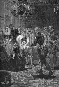Reunião de Maris de Medicis e Henry IV (1601): Maria de Medicis (1573 -1642) curvando-se ao seu marido, Rei de França Henrique IV (1553-1610). Gravura do século XIX. Em "Histoire de France" de Jules Michelet de Unknown artist