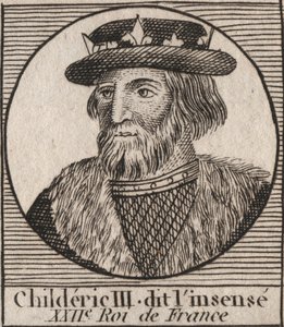 Merovingian Dynasty: Retrato de Childeric III (714-755) Rei dos Francos - CHILDERIC III (d. 754) Rei dos Francos, 741-751, e último dos Merovíngios - gravura de "Instruction sur l