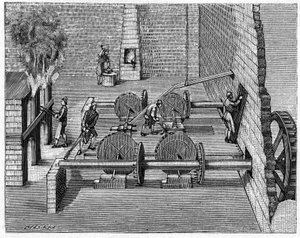 A metalurgia no século XVIII: um comboio de fundição. Gravura em "La Nature: Revue des sciences et de leurs applications aux arts et a l